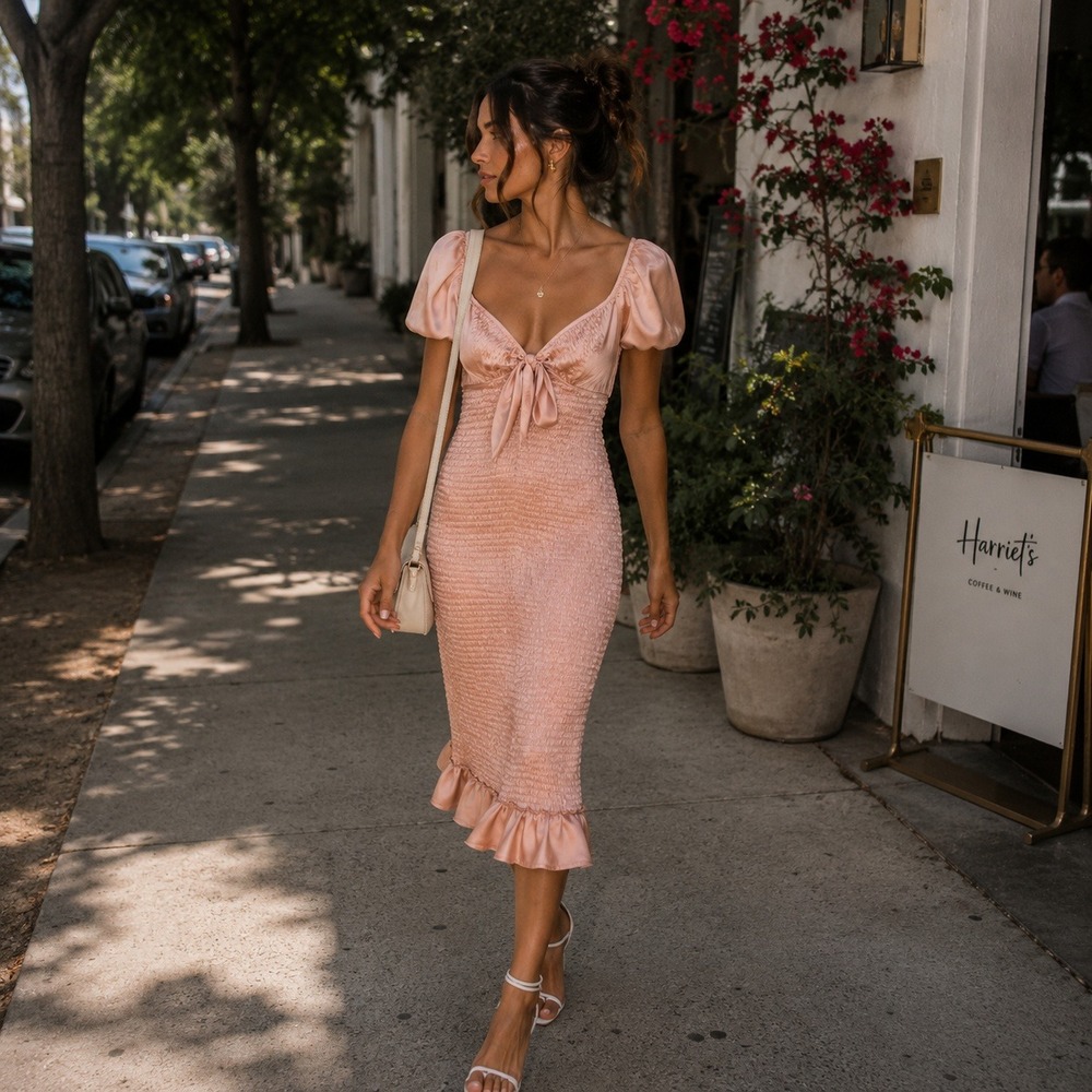 Mermaid Core Rose Pink Smocked Satin Puff Sleeve Tie Front Midi Dress Large